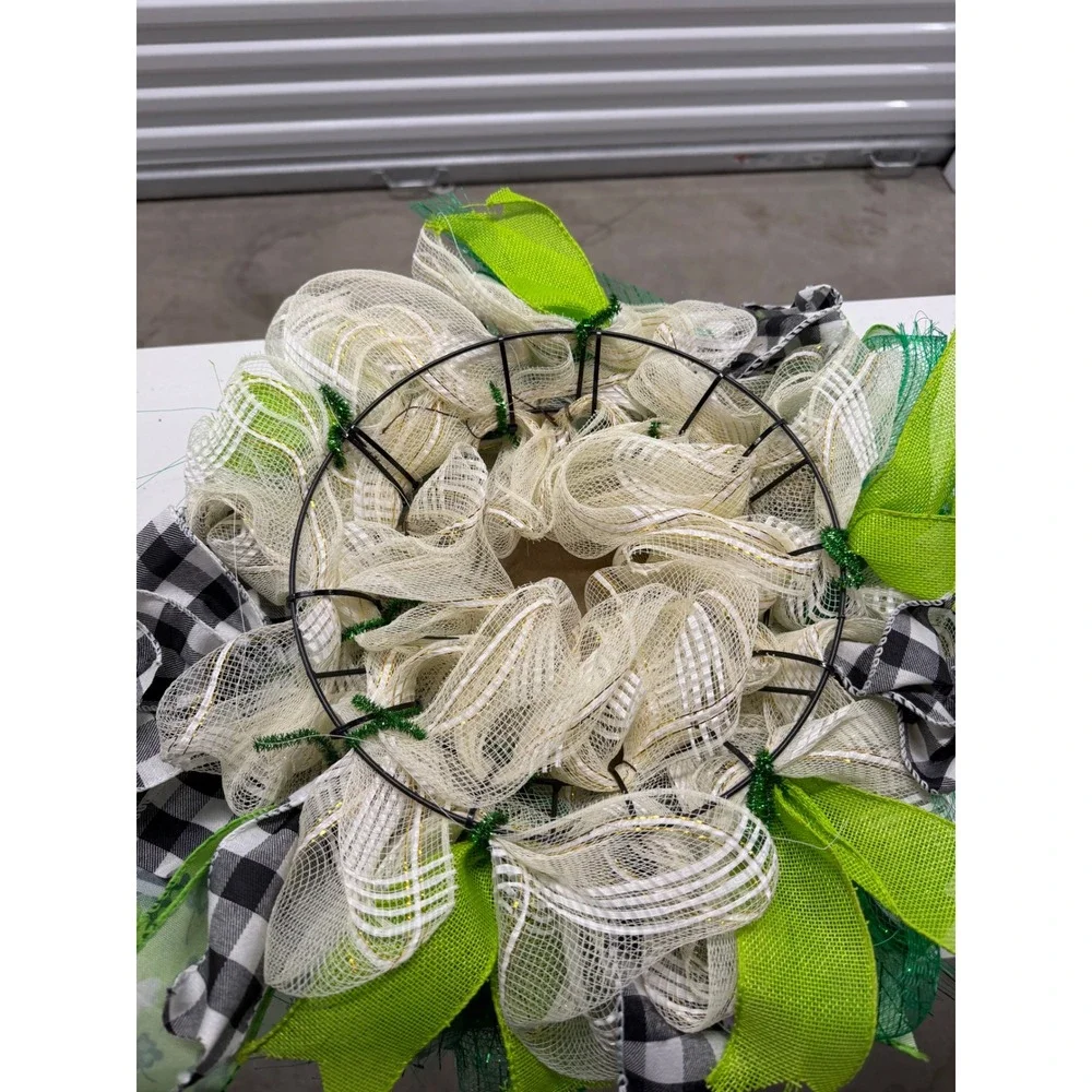 Handmade St Patricks Day Wreath Lucky Shamrock Deco Mesh Green Gold 18 Inch